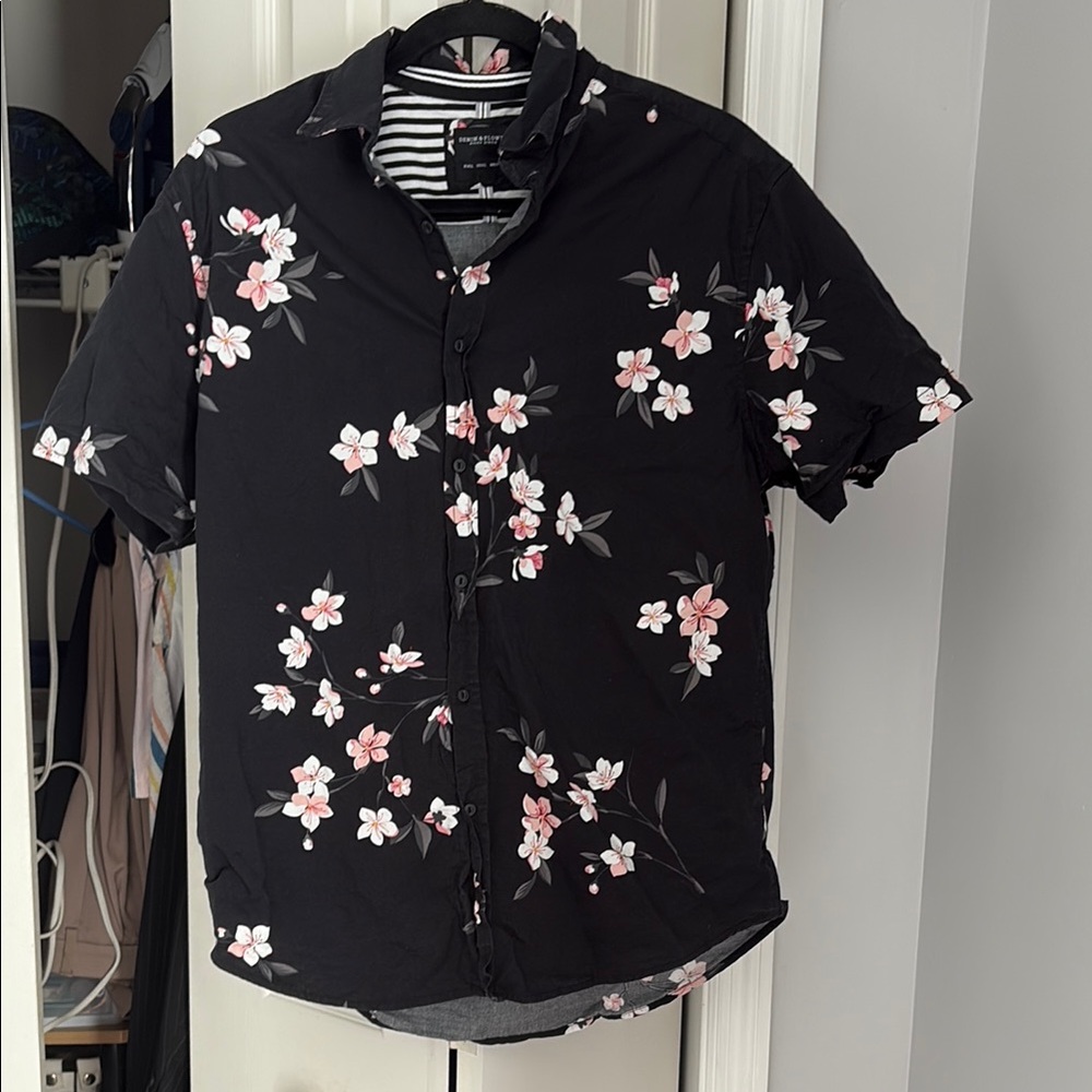 Denim & Flower Black and Pink Casual Button Down Shirt